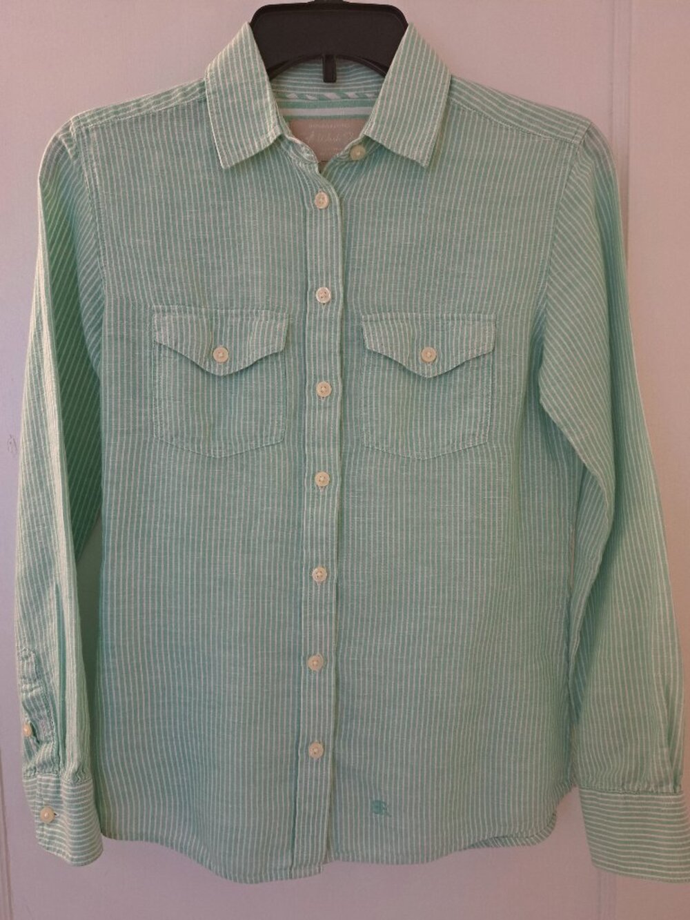 BANANA REPUBLIC Mint SOFT WASH Striped Linen Blend Button Down Shirt - SIZE:  XS